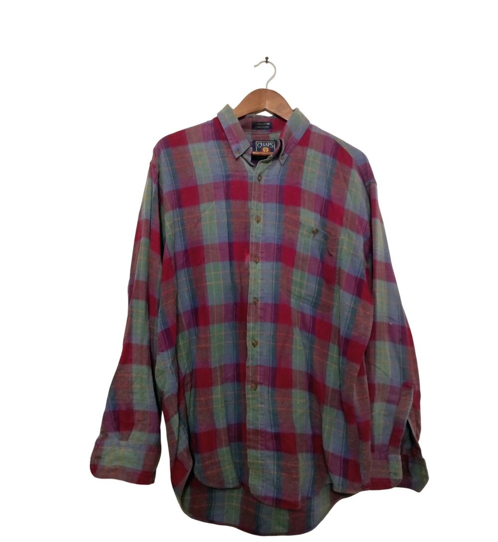 VTG Chaps Plaid Flannel Shirt Multicolor Red Gray Cotton Long Sleeve Grunge SZ L